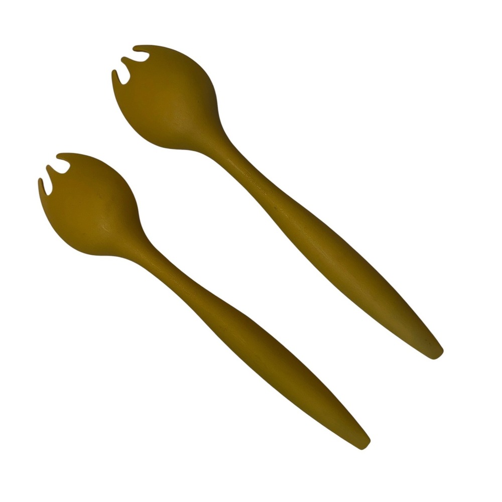 Vintage Tupperware Salad Server Set Harvest Gold Mustard Yellow Spork Tongs 12"